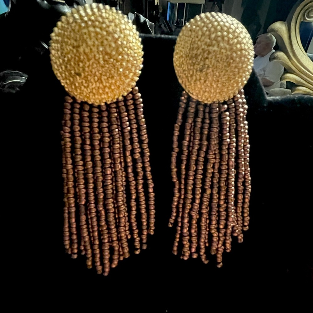 Pierced earrings posts with gold toned braided button long strands of beads - Picture 4 of 9